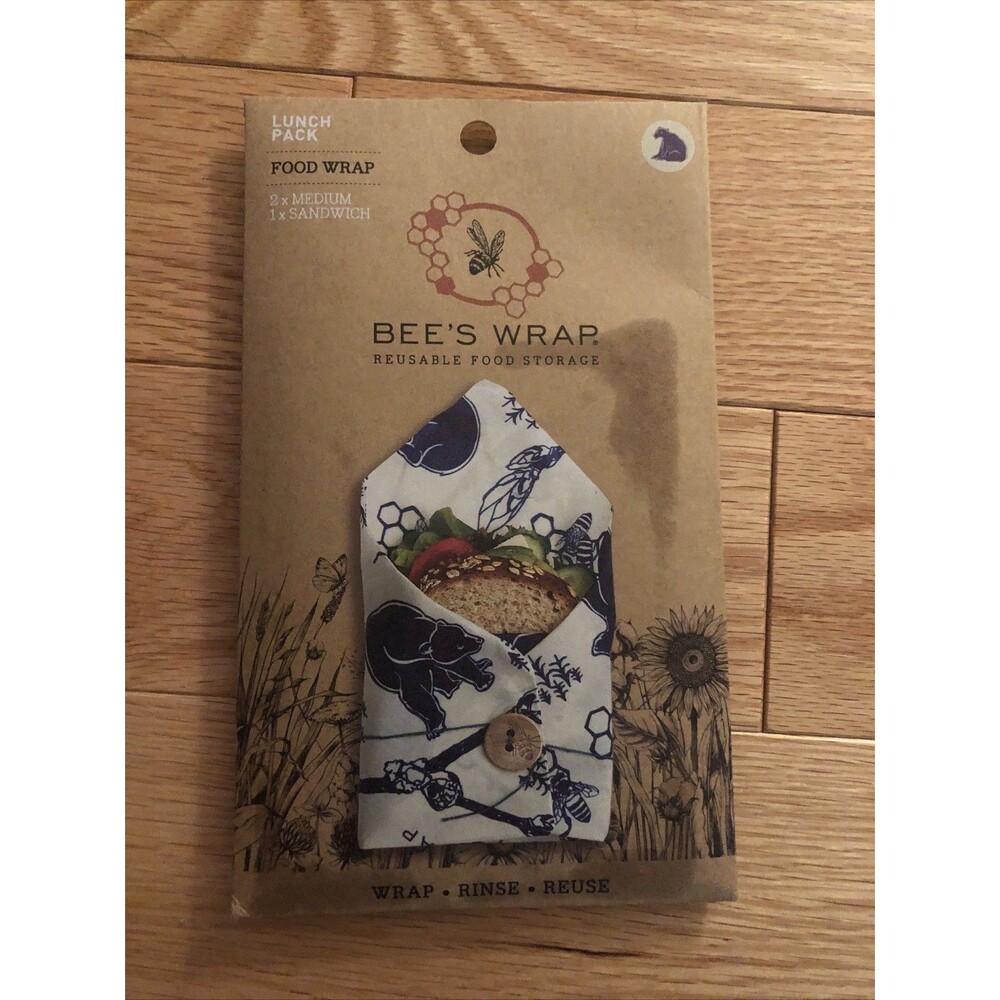 Bee’s Wrap Reusable Food Storage Wrap Rinse Reuse Lunch Pack 2 Medium 1 Sandwich